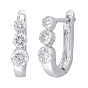 14K Gold Round Lab Grown 3 stones Huggie Hoop Earrings