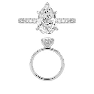 14K Gold Lab Grown Diamond Diamond Shank Hidden Halo Ring Pear Cut 2 CT Center with 1/4 CT Side Diamonds