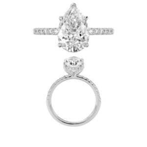 14K Gold Lab Grown Diamond Diamond Shank Hidden Halo Ring Pear Cut 3 CT Center with 1/3 CT Side Diamonds