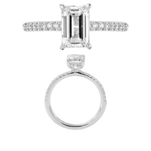 14K Gold Lab Grown Diamond Diamond Shank Hidden Halo Ring Emerald Cut 1.5 CT Center with 1/4 CT Side Diamonds