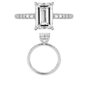 14K Gold Lab Grown Diamond Diamond Shank Hidden Halo Ring Emerald Cut 2 CT Center with 1/4 CT Side Diamonds