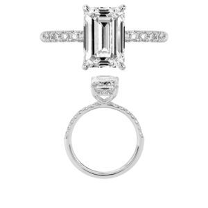 14K Gold Lab Grown Diamond Diamond Shank Hidden Halo Ring Emerald Cut 3 CT Center with 1/3 CT Side Diamonds