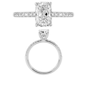 14K Gold Lab Grown Diamond Diamond Shank Hidden Halo Ring Cushion Cut 1.5 CT Center with 1/4 CT Side Diamonds