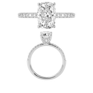 14K Gold Lab Grown Diamond Diamond Shank Hidden Halo Ring Cushion Cut 2 CT Center with 1/4 CT Side Diamonds