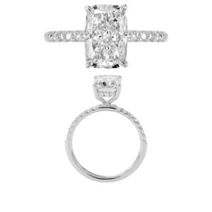 14K Gold Lab Grown Diamond Diamond Shank Hidden Halo Ring Cushion Cut 3 CT Center with 1/3 CT Side Diamonds