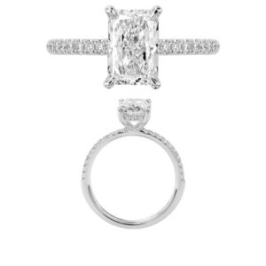 14K Gold Lab Grown Diamond Diamond Shank Hidden Halo Ring Radiant Cut 1.5 CT Center with 1/4 CT Side Diamonds