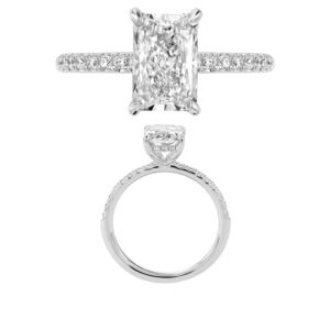 14K Gold Lab Grown Diamond Diamond Shank Hidden Halo Ring Radiant Cut 2 CT Center with 1/4 CT Side Diamonds