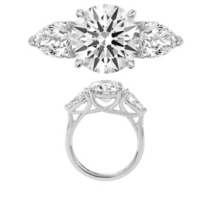 14K Gold Lab Grown Diamond 3 Stone Pear Solitaire Ring 3 CT Center with 1 1/2 CT Side Diamonds
