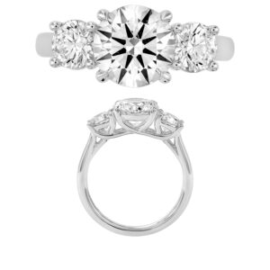 14K Gold Lab Grown Diamond 3 Stone Ring Round Cut 2 CT Center with 1 CT Side Diamonds