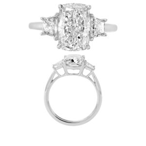 14K Gold Lab Grown Diamond 3 Stone Fancy Ring Cushion Cut 3 CT Center with 0.625 CT Trapezoid Side Diamonds