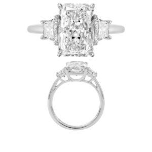 14K Gold Lab Grown Diamond 3 Stone Fancy Ring Radiant Cut 3 CT Center with 0.625 CT Trapezoid Side Diamonds