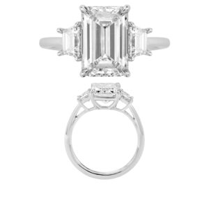 14K Gold Lab Grown Diamond 3 Stone Fancy Ring Emerald Cut 3 CT Center with 0.625 CT Trapezoid Side Diamonds