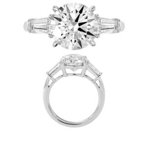 14K Gold Lab Grown Diamond 3 Stone Fancy Ring Round Cut 3 CT Center with 0.75 CT Side Diamonds Baguette