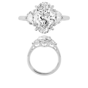 14K Gold Lab Grown Diamond 3 Stone Fancy Ring Oval Cut 3 CT Center with 0.75 CT Side Diamonds Half Moon