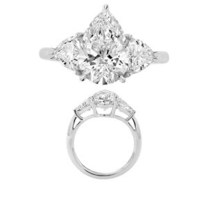 14K Gold Lab Grown Diamond 3 Stone Fancy Ring Pear Cut 3 CT Center with 0.75 CT Side Diamonds Trillion