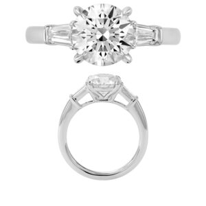 14K Gold Lab Grown Diamond 3 Stone Baguette Solitaire Ring Round Cut 2 CT Center with 3/8 CT Side Diamonds