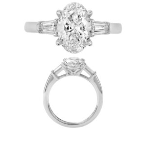 14K Gold Lab Grown Diamond 3 Stone Baguette Solitaire Ring Oval Cut 2 CT Center with 3/8 CT Side Diamonds