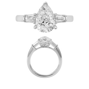 14K Gold Lab Grown Diamond 3 Stone Baguette Solitaire Ring Pear Cut 2 CT Center with 3/8 CT Side Diamonds