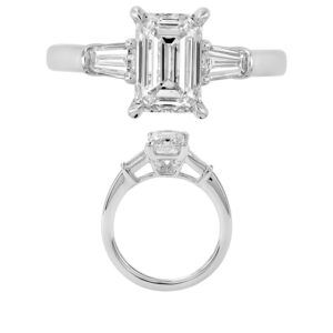 14K Gold Lab Grown Diamond 3 Stone Baguette Solitaire Ring Emerald Cut 2 CT Center with 3/8 CT Side Diamonds