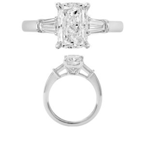 14K Gold Lab Grown Diamond 3 Stone Baguette Solitaire Ring Cushion Cut 2 CT Center with 3/8 CT Side Diamonds