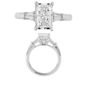 14K Gold Lab Grown Diamond 3 Stone Baguette Solitaire Ring Radiant Cut 2 CT Center with 3/8 CT Side Diamonds