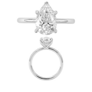 14K Gold Lab Grown Diamond Hidden Halo Plain Shank Ring Pear Cut 2.0 CT Center with 1/20 CT Side Diamonds