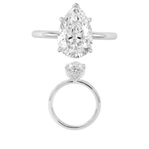 14K Gold Lab Grown Diamond Hidden Halo Plain Shank Ring Pear Cut 3.0 CT Center with 1/10 CT Side Diamonds