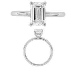 14K Gold Lab Grown Diamond Hidden Halo Plain Shank Ring Emerald Cut 1.5 CT Center with 1/20 CT Side Diamonds