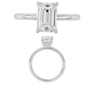14K Gold Lab Grown Diamond Hidden Halo Plain Shank Ring Emerald Cut 2.0 CT Center with 1/20 CT Side Diamonds