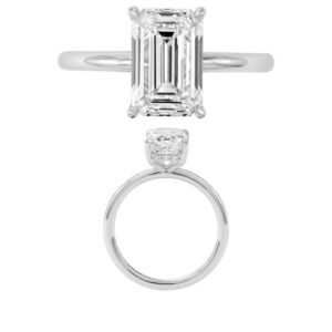 14K Gold Lab Grown Diamond Hidden Halo Plain Shank Ring Emerald Cut 3.0 CT Center with 1/10 CT Side Diamonds