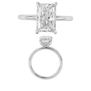 14K Gold Lab Grown Diamond Hidden Halo Plain Shank Ring Radiant Cut 3.0 CT Center with 1/10 CT Side Diamonds
