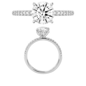 14K Gold Lab Grown Diamond Diamond Shank Hidden Halo Ring Round Cut 1.5 CT Center with 1/4 CT Side Diamonds