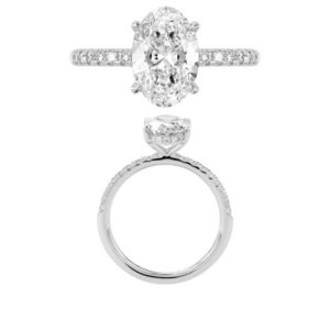 14K Gold Lab Grown Diamond Diamond Shank Hidden Halo Ring Oval Cut 2 CT Center with 1/4 CT Side Diamonds