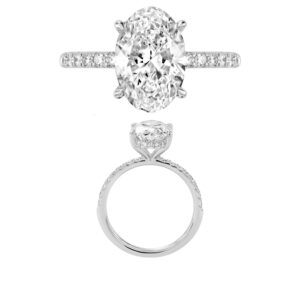 14K Gold Lab Grown Diamond Diamond Shank Hidden Halo Ring Oval Cut 3 CT Center with 1/3 CT Side Diamonds