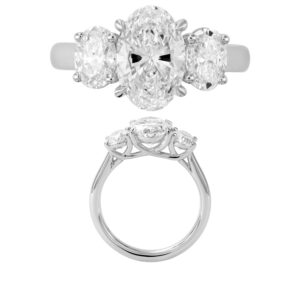 14K Gold Lab Grown Diamond 3 Stone Ring Oval Cut 2 CT Center with 1 CT Side Diamonds