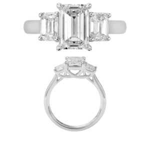 14K Gold Lab Grown Diamond 3 Stone Ring Emerald Cut 2 CT Center with 1 CT Side Diamonds